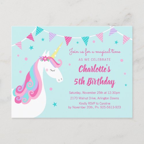 Whimsical Rainbow Unicorn Aqua 5th Birthday Invitation Postcard