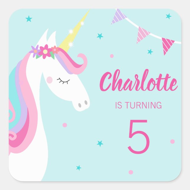 Whimsical Rainbow Unicorn Aqua 5th Birthday Square Sticker (Front)