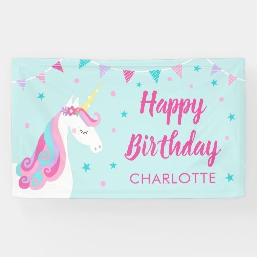 Whimsical Rainbow Unicorn Aqua Happy Birthday Banner