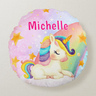 Whimsical Rainbow Unicorn Girl's Name Room Round Pillow