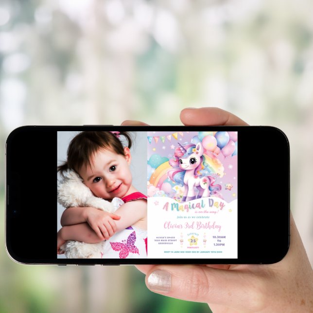 Whimsical Rainbow Unicorn Magical Birthday Photo Invitation (Front Digital)