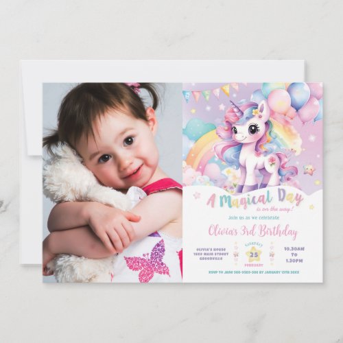 Whimsical Rainbow Unicorn Magical Birthday Photo Invitation