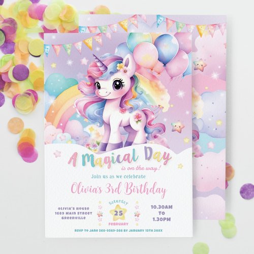 Whimsical Rainbow Unicorn Magical Day Birthday Invitation