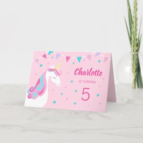 Whimsical Rainbow Unicorn Pink 5th Birthday Invitation