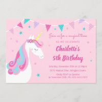 Whimsical Rainbow Unicorn Pink 5th Birthday Invitation