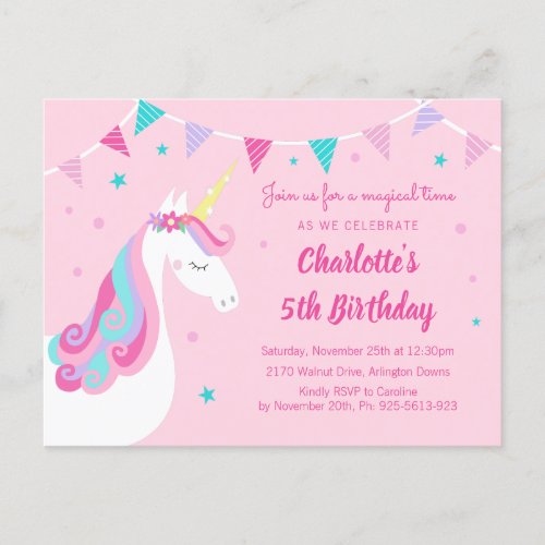 Whimsical Rainbow Unicorn Pink 5th Birthday Invitation Postcard