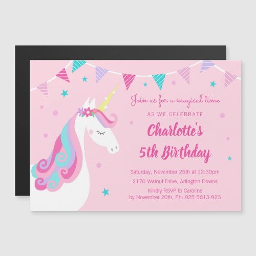 Whimsical Rainbow Unicorn PInk 5th Birthday Party Magnetic Invitation