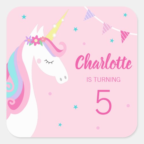 Whimsical Rainbow Unicorn Pink 5th Birthday Square Sticker
