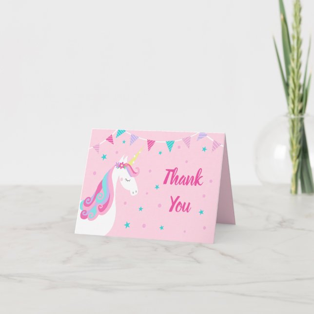 Whimsical Rainbow Unicorn Pink Birthday Thank You Card (Front)