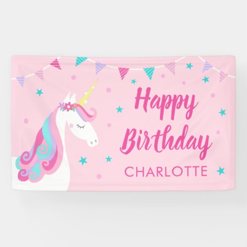 Whimsical Rainbow Unicorn Pink Happy Birthday Banner