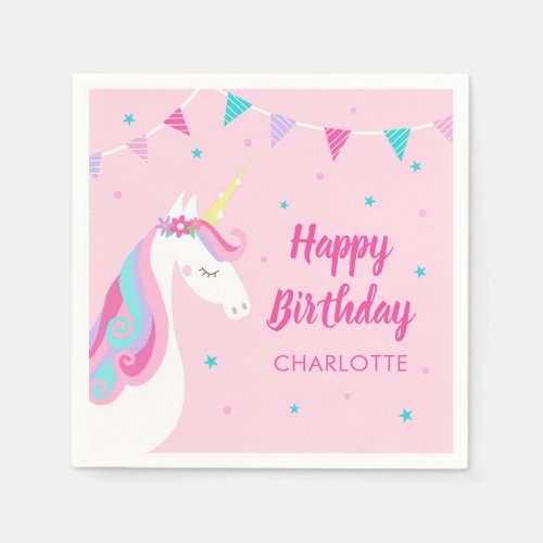 Whimsical Rainbow Unicorn Pink Happy Birthday  Napkins