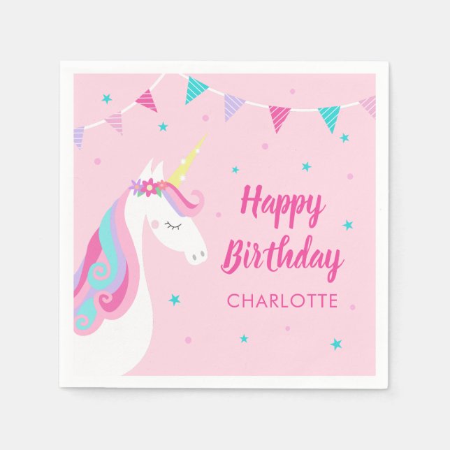 Whimsical Rainbow Unicorn Pink Happy Birthday  Napkins (Front)