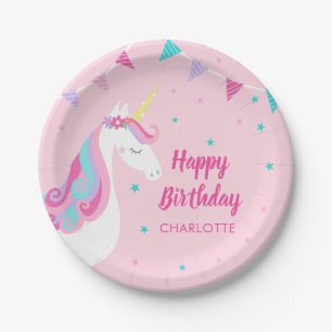 Whimsical Rainbow Unicorn Pink Happy Birthday  Paper Plates