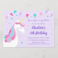 Whimsical Rainbow Unicorn Purple 5th Birthday Invitation