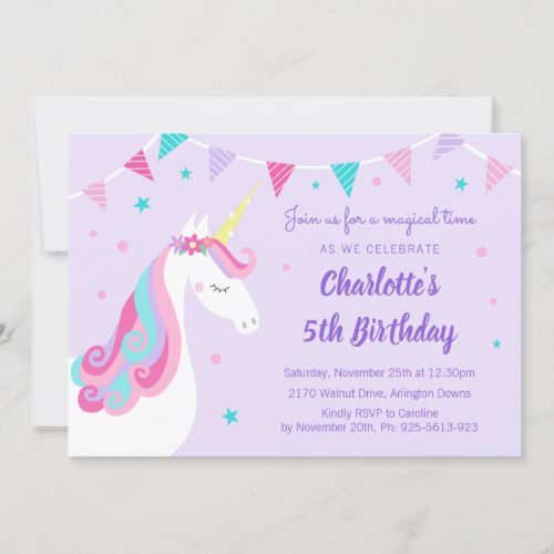 Whimsical Rainbow Unicorn Purple 5th Birthday Invitation