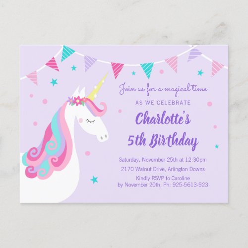 Whimsical Rainbow Unicorn Purple 5th Birthday Invitation Postcard