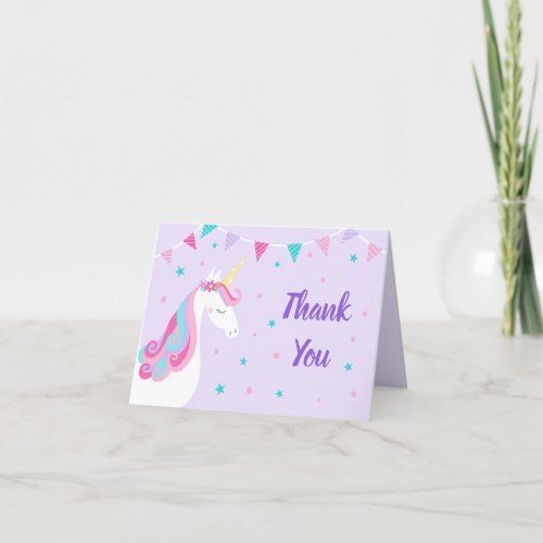 Whimsical Rainbow Unicorn Purple Birthday Thank You Card