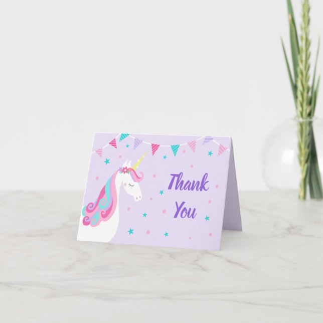 Whimsical Rainbow Unicorn Purple Birthday Thank You Card (Front)