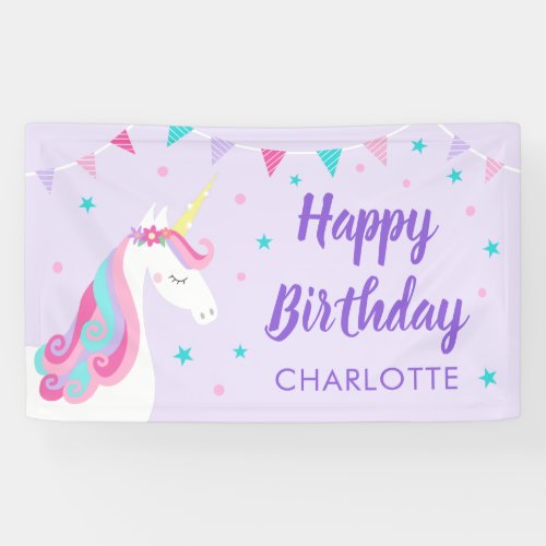 Whimsical Rainbow Unicorn Purple Happy Birthday Banner