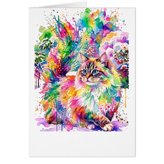 Whimsical Rainbow Watercolor Fluffy Cat in Winter  Cards (Front)
