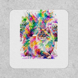 Whimsical Rainbow Watercolor Fluffy Cat in Winter Patch