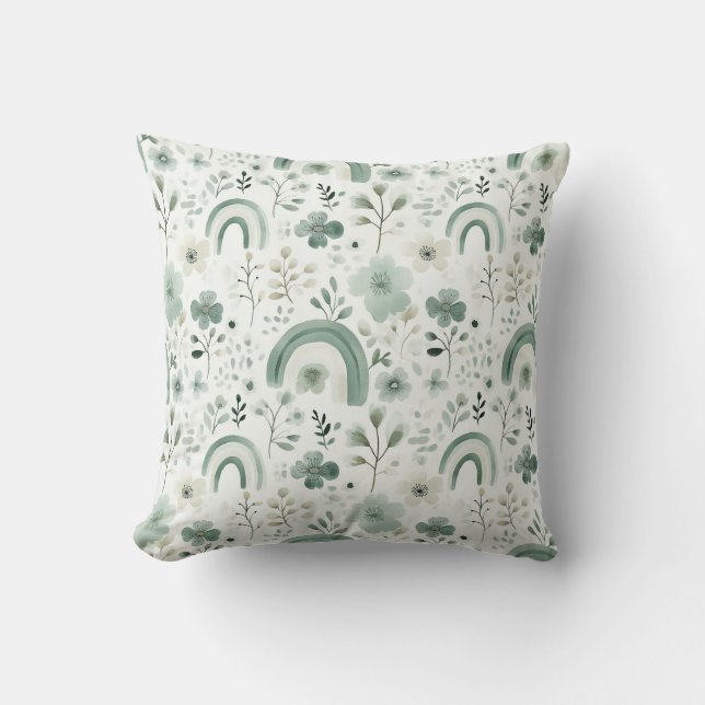 Whimsical Rainbows in Sage Throw Pillow (Front)