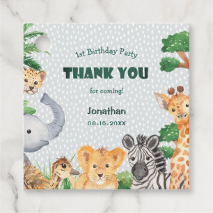 Whimsical Rainy Gray Jungle Wild Animals Birthday Favor Tags