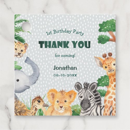 Whimsical Rainy Gray Jungle Wild Animals Birthday Favor Tags