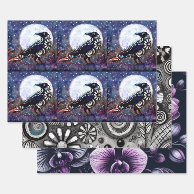 Whimsical Raven Floral Black Purple Decoupage Wrapping Paper Sheets (Set)
