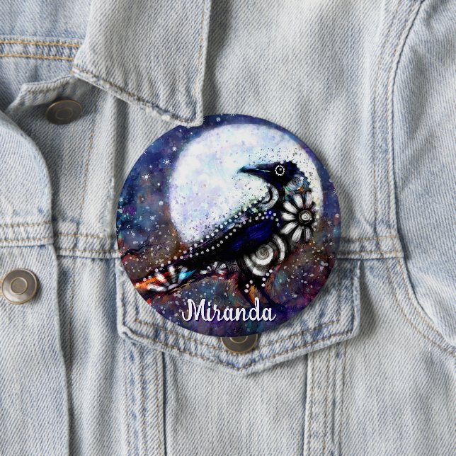 Whimsical Raven Moon Floral Abstract Personalized Button (In Situ)