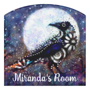 Whimsical Raven Moon Floral Abstract Personalized Door Sign