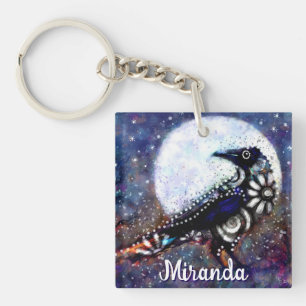 Whimsical Raven Moon Floral Abstract Personalized Keychain