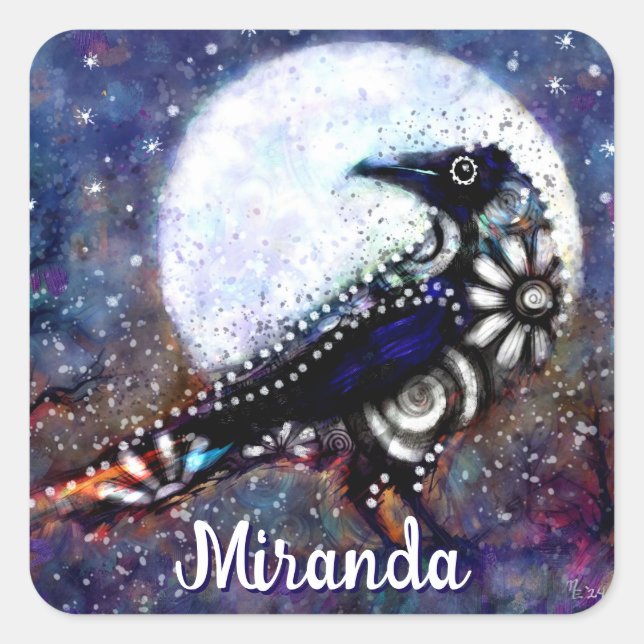 Whimsical Raven Moon Floral Abstract Personalized Square Sticker (Front)