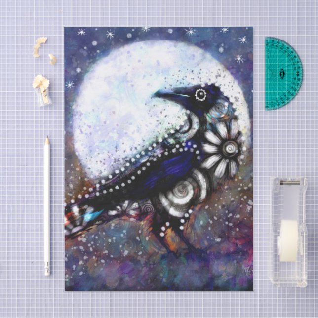 Whimsical Raven Moon Floral Black Decoupage Tissue Paper (Craft)