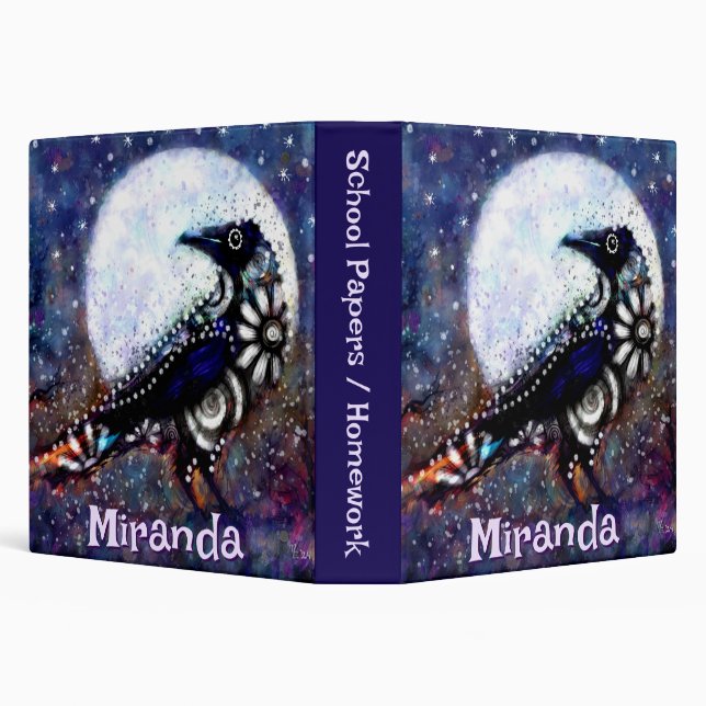 Whimsical Raven Moon Floral Black Personalized 3 Ring Binder (Background)