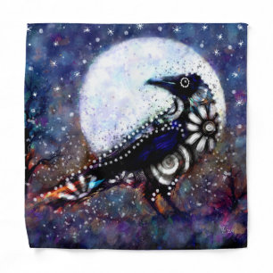 Whimsical Raven Moon Floral Black White Blue Bandana