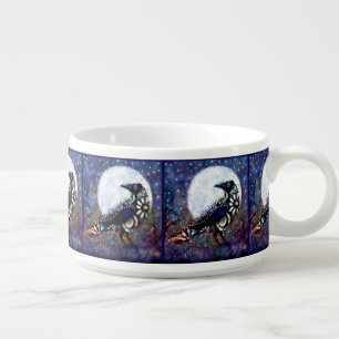 Whimsical Raven Moon Floral Black White Blue Bowl
