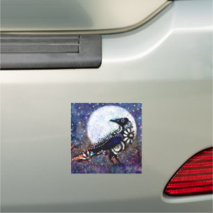 Whimsical Raven Moon Floral Black White Blue Car Magnet