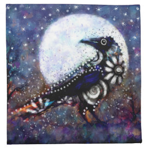 Whimsical Raven Moon Floral Black White Blue Cloth Napkin