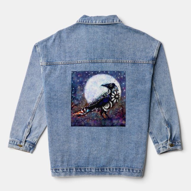 Whimsical Raven Moon Floral Black White Blue Denim Jacket (Back)