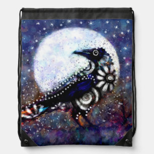 Whimsical Raven Moon Floral Black White Blue Drawstring Bag