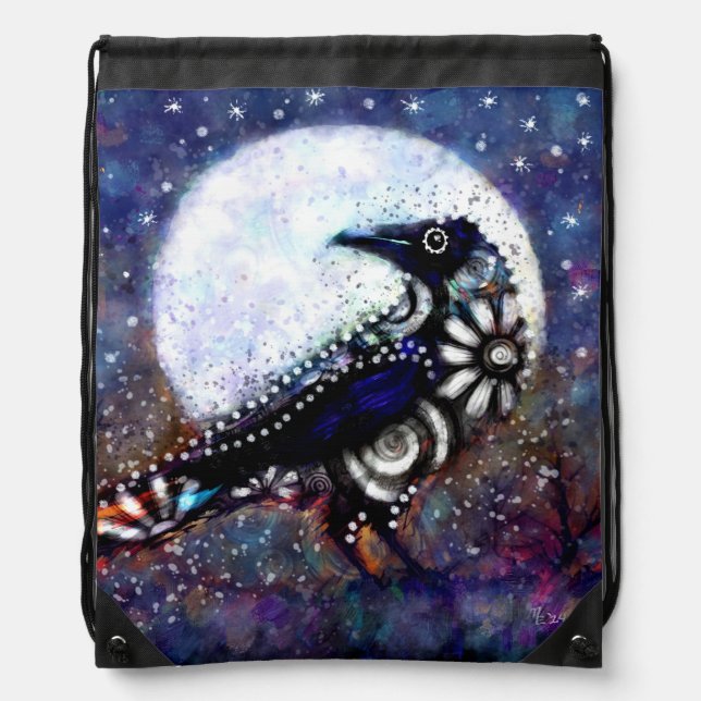 Whimsical Raven Moon Floral Black White Blue Drawstring Bag (Front)