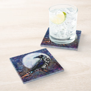 Whimsical Raven Moon Floral Black White Blue Glass Coaster
