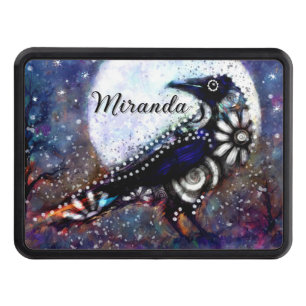Whimsical Raven Moon Floral Black White Blue Hitch Cover