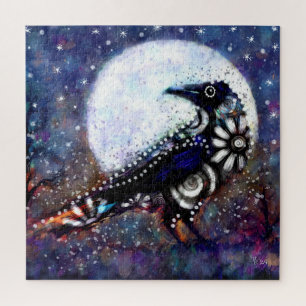 Whimsical Raven Moon Floral Black White Blue Jigsaw Puzzle