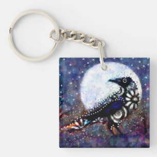 Whimsical Raven Moon Floral Black White Blue Keychain
