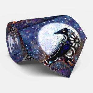 Whimsical Raven Moon Floral Black White Blue Neck Tie