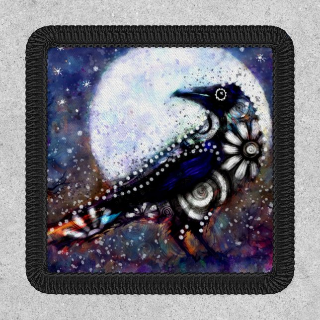 Whimsical Raven Moon Floral Black White Blue Patch (Front)