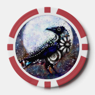 Whimsical Raven Moon Floral Black White Blue Poker Chips