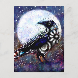 Whimsical Raven Moon Floral Black White Blue Postcard